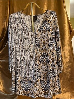 Mixed-Print V-Neck Tunic in Blue and Gold